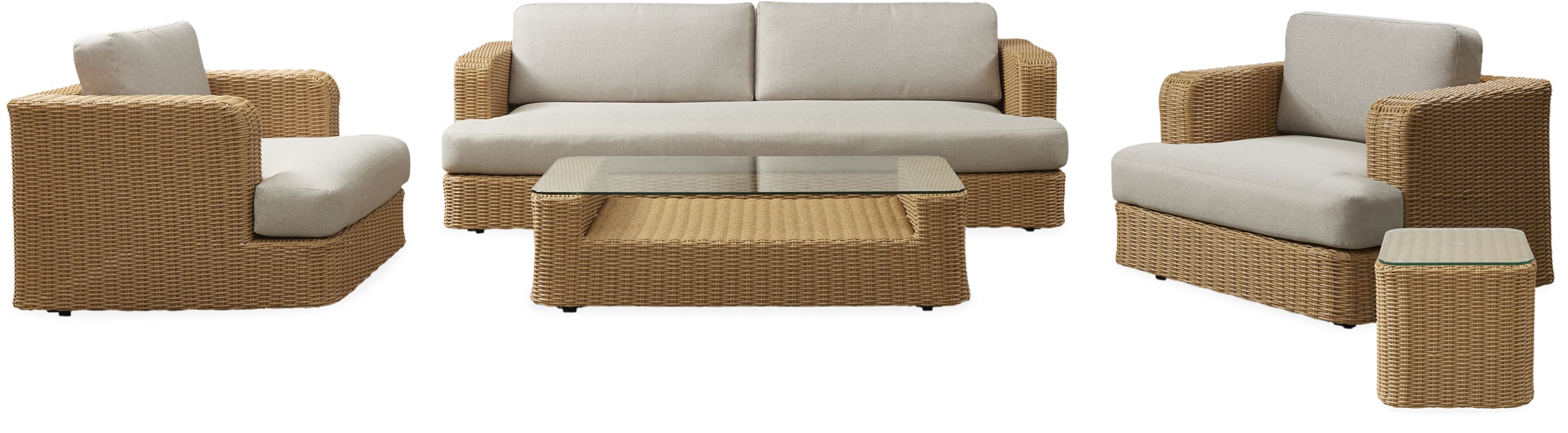Luan Loungehavesæt med 2 stole + 1 sofa natur/sand + 2 borde natur/glas