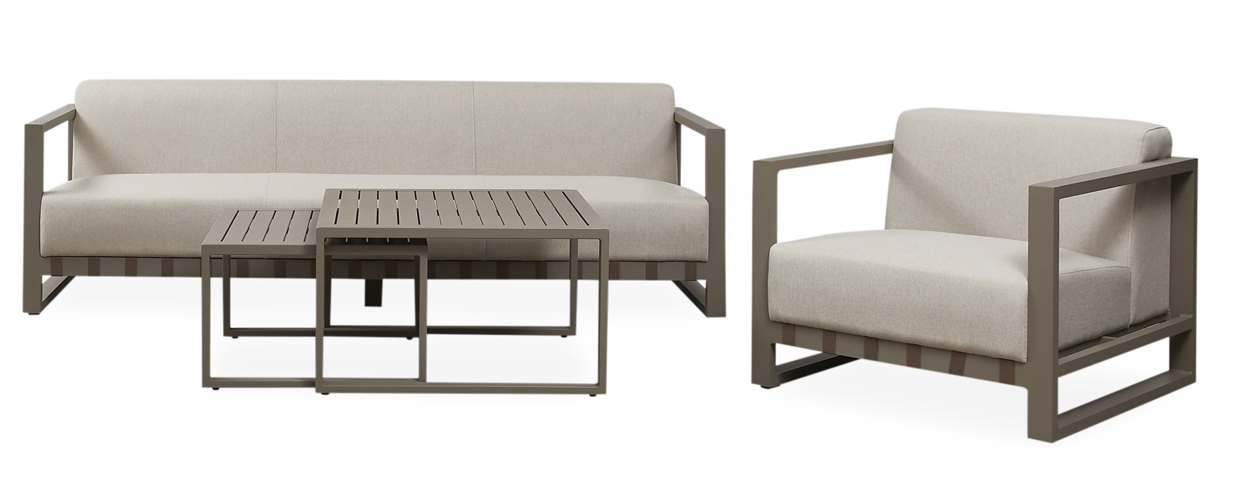 Nestor Loungehavesæt med 1 sofa og 1 stol sand + 2 borde gråbeige